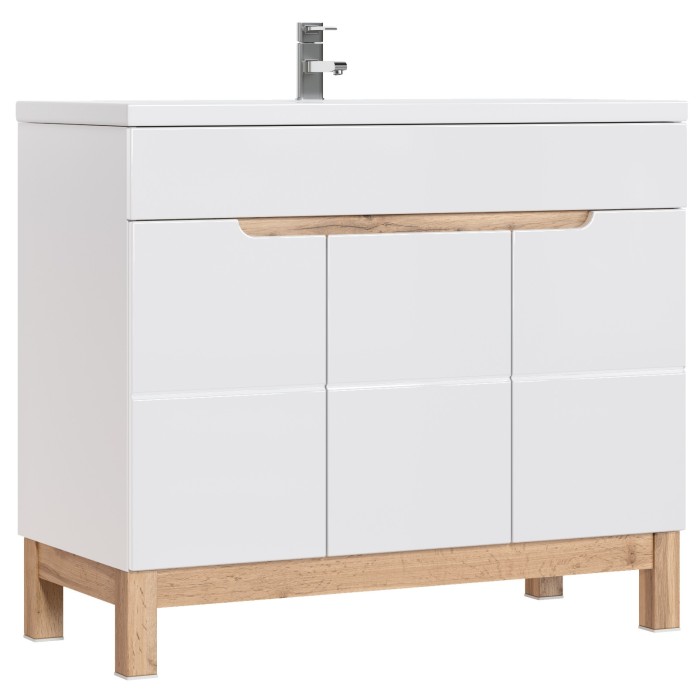 Meuble sous vasque ERMANO – Chêne clair et blanc brillant – 100x84 cm – 3 portes – À poser 