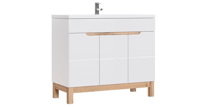 Meuble sous vasque ERMANO – Chêne clair et blanc brillant – 100x84 cm – 3 portes – À poser 