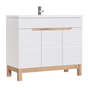 Meuble sous vasque ERMANO – Chêne clair et blanc brillant – 100x84 cm – 3 portes – À poser 