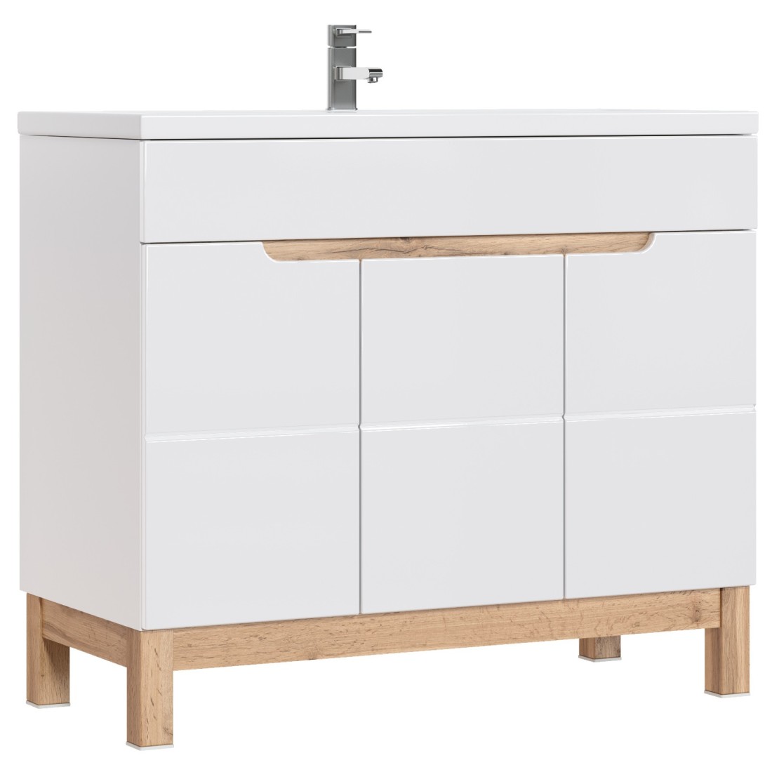 Meuble sous vasque ERMANO – Chêne clair et blanc brillant – 100x84 cm – 3 portes – À poser 