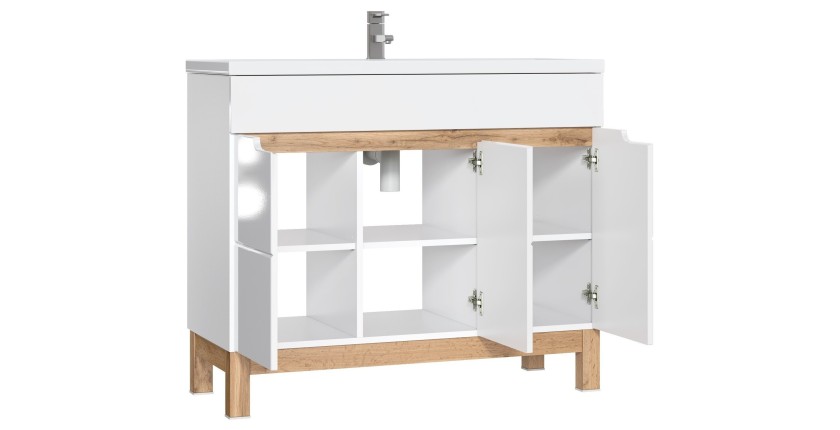 Meuble sous vasque ERMANO – Chêne clair et blanc brillant – 100x84 cm – 3 portes – À poser 
