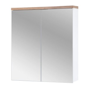 Meuble salle de bain ERMANO – Chêne clair et blanc brillant – 60x70 cm – 2 portes miroir – À suspendre 