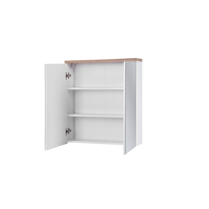 Meuble salle de bain ERMANO – Chêne clair et blanc brillant – 60x70 cm – 2 portes miroir – À suspendre 