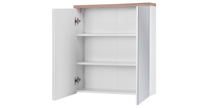 Meuble salle de bain ERMANO – Chêne clair et blanc brillant – 60x70 cm – 2 portes miroir – À suspendre 