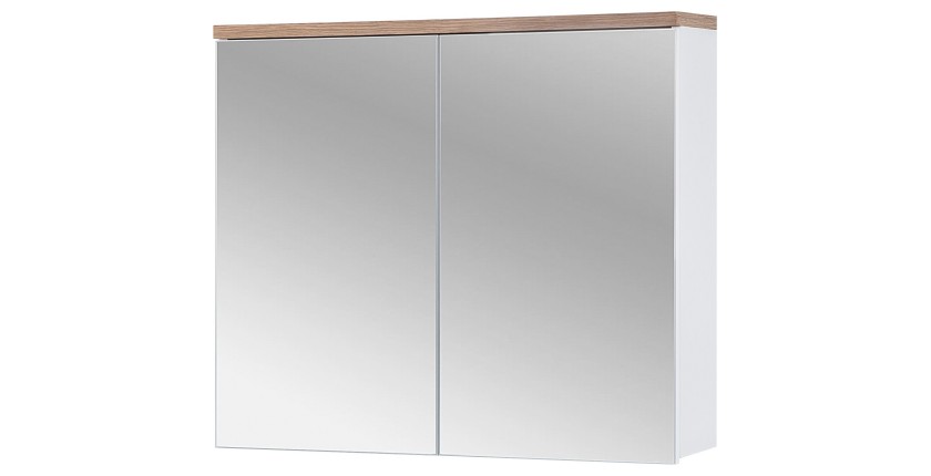 Meuble salle de bain ERMANO – Chêne clair et blanc brillant – 80x70 cm – 2 portes miroir – À suspendre 
