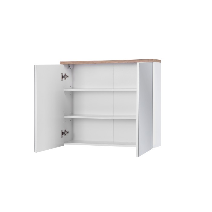 Meuble salle de bain ERMANO – Chêne clair et blanc brillant – 80x70 cm – 2 portes miroir – À suspendre 