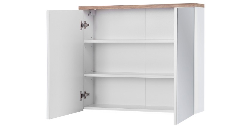 Meuble salle de bain ERMANO – Chêne clair et blanc brillant – 80x70 cm – 2 portes miroir – À suspendre 