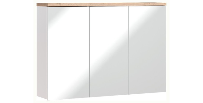 Meuble salle de bain ERMANO – Chêne clair et blanc brillant – 100x69 cm – 3 portes miroir – À suspendre 