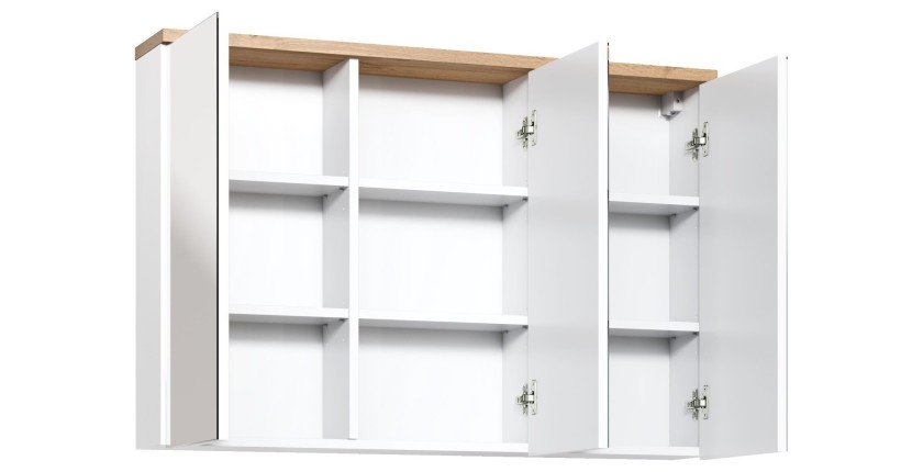 Meuble salle de bain ERMANO – Chêne clair et blanc brillant – 100x69 cm – 3 portes miroir – À suspendre 