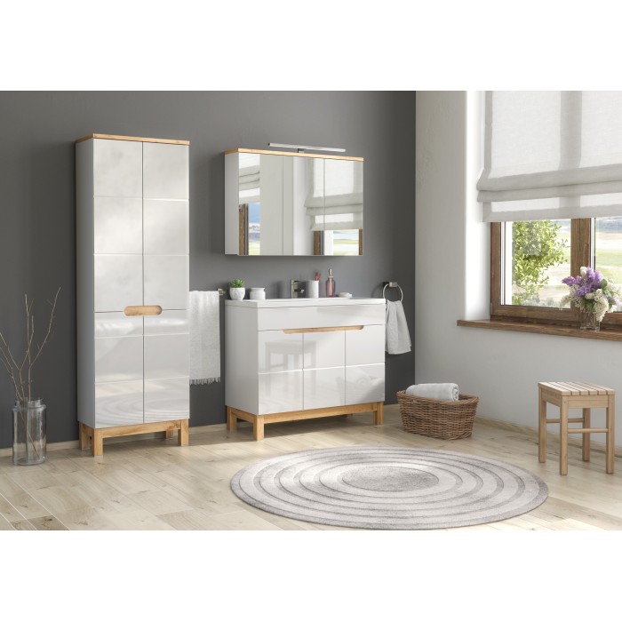 Meuble salle de bain ERMANO – Chêne clair et blanc brillant – 100x69 cm – 3 portes miroir – À suspendre 