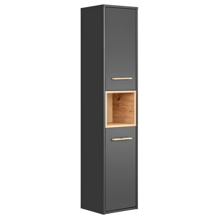 Colonne de salle de bain TALOKA – 2 portes – Gris anthracite et chêne clair – 170 cm – À suspendre 