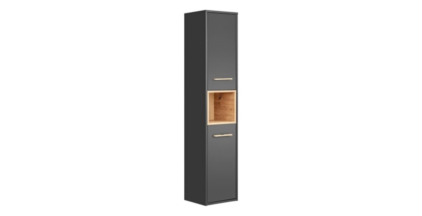 Colonne de salle de bain TALOKA – 2 portes – Gris anthracite et chêne clair – 170 cm – À suspendre 