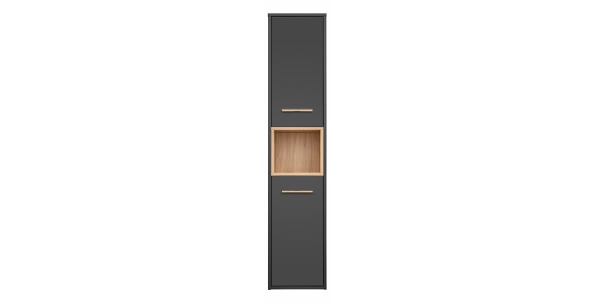 Colonne de salle de bain TALOKA – 2 portes – Gris anthracite et chêne clair – 170 cm – À suspendre 