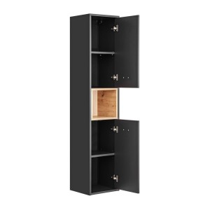 Colonne de salle de bain TALOKA – 2 portes – Gris anthracite et chêne clair – 170 cm – À suspendre 
