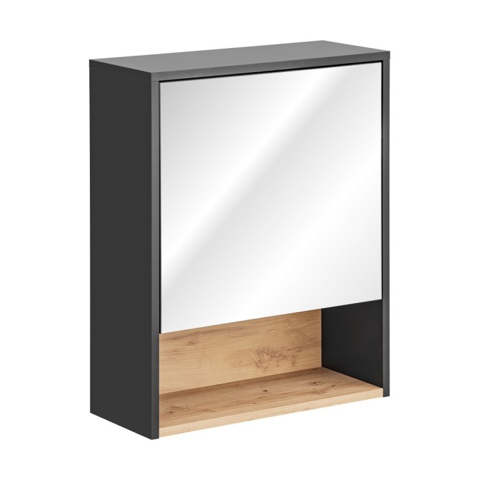 Meuble haut de salle de bain TALOKA – 1 porte miroir – Gris anthracite et chêne clair – L60 cm – Suspendu 