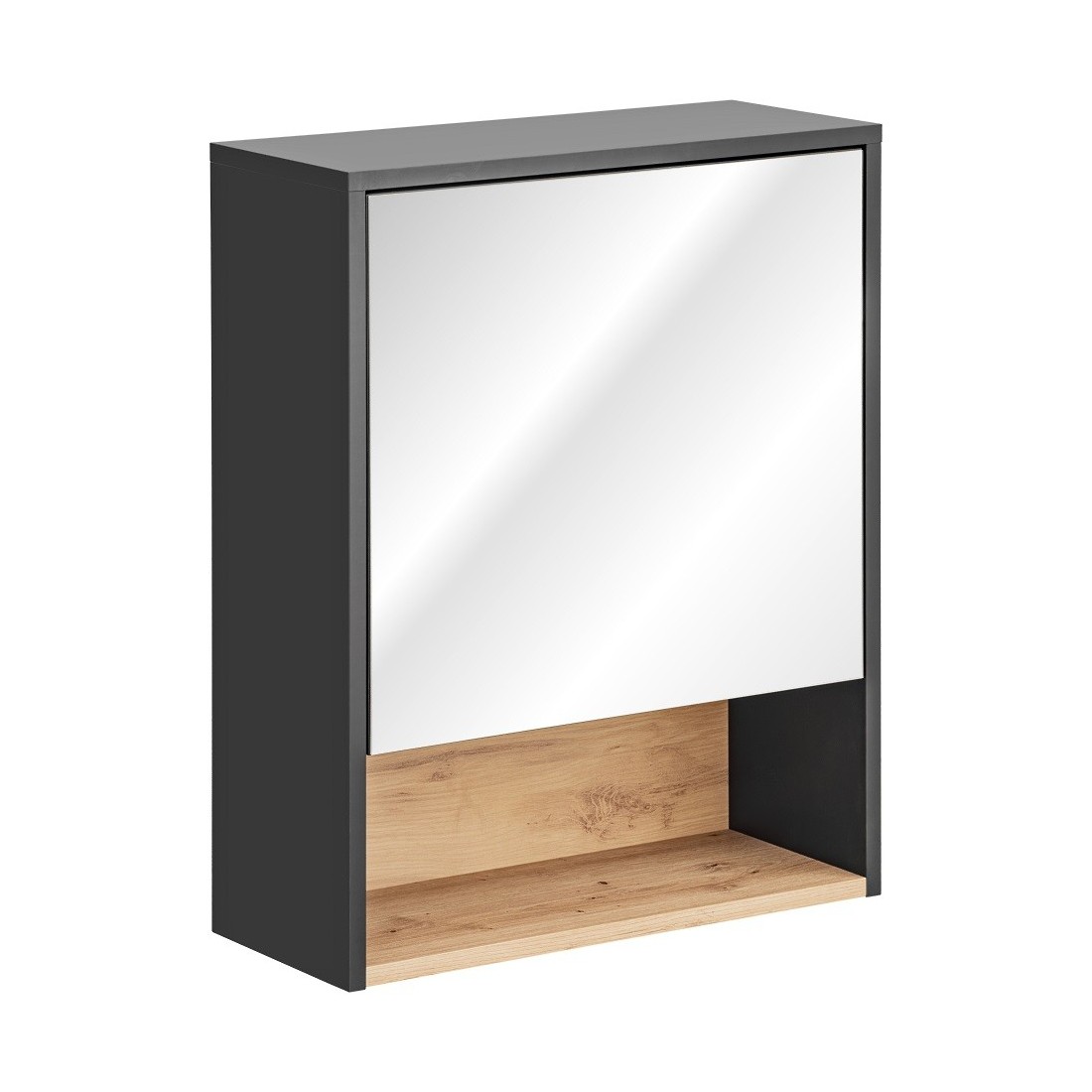 Meuble haut de salle de bain TALOKA – 1 porte miroir – Gris anthracite et chêne clair – L60 cm – Suspendu 
