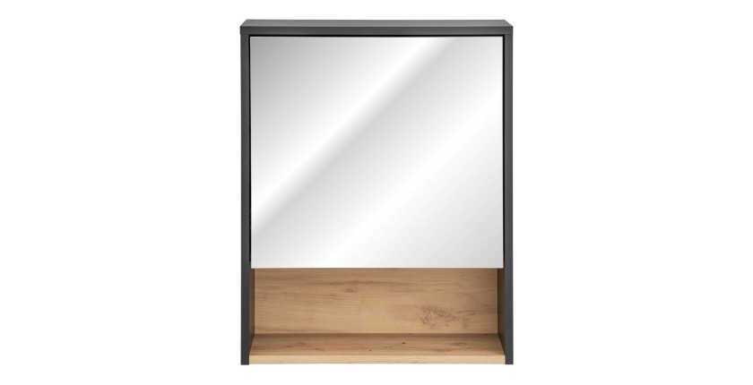 Meuble haut de salle de bain TALOKA – 1 porte miroir – Gris anthracite et chêne clair – L60 cm – Suspendu 