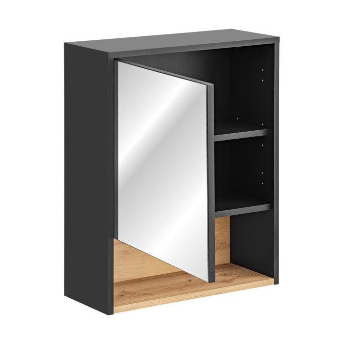 Meuble haut de salle de bain TALOKA – 1 porte miroir – Gris anthracite et chêne clair – L60 cm – Suspendu 