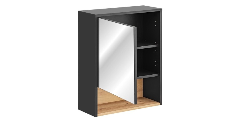 Meuble haut de salle de bain TALOKA – 1 porte miroir – Gris anthracite et chêne clair – L60 cm – Suspendu 