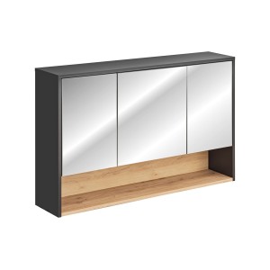Meuble haut de salle de bain TALOKA – 3 portes miroir – Gris anthracite et chêne clair – L120 cm – Suspendu 
