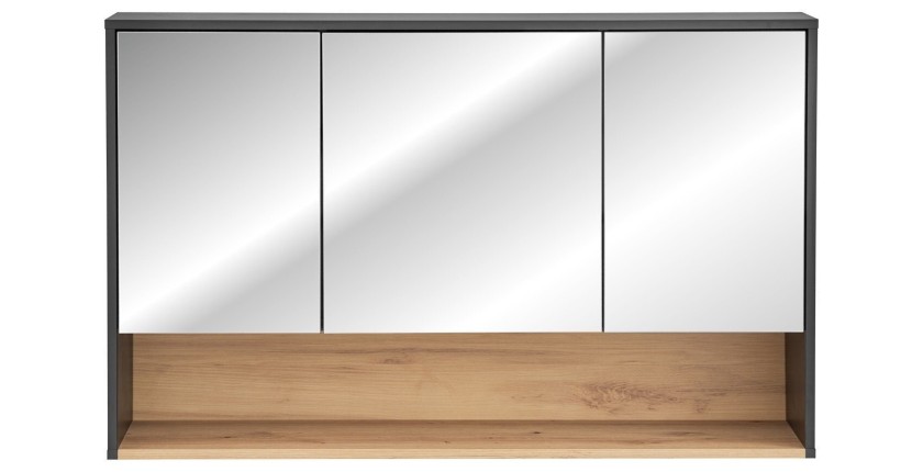 Meuble haut de salle de bain TALOKA – 3 portes miroir – Gris anthracite et chêne clair – L120 cm – Suspendu 