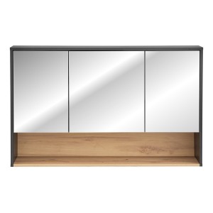 Meuble haut de salle de bain TALOKA – 3 portes miroir – Gris anthracite et chêne clair – L120 cm – Suspendu 