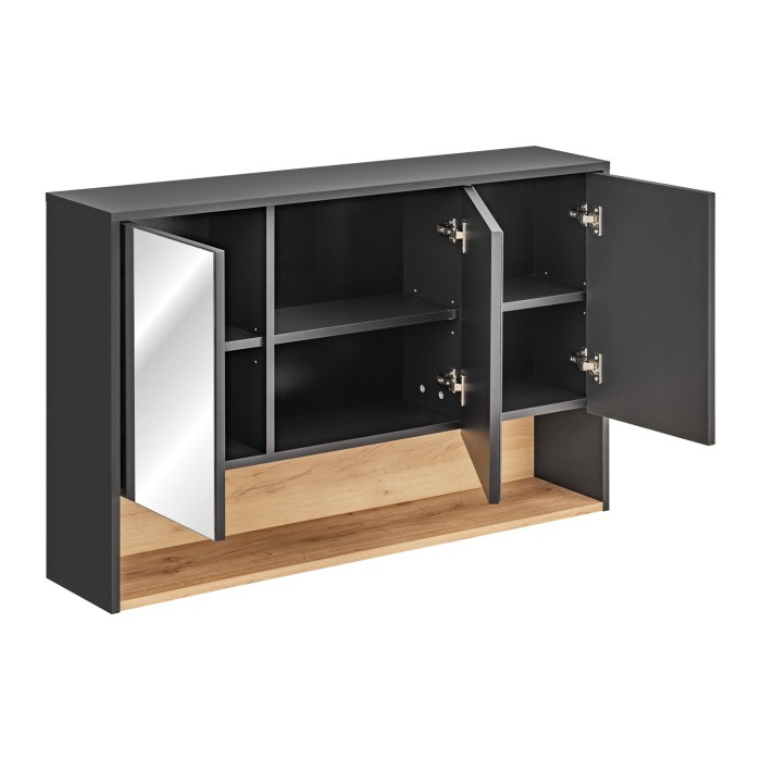Meuble haut de salle de bain TALOKA – 3 portes miroir – Gris anthracite et chêne clair – L120 cm – Suspendu 