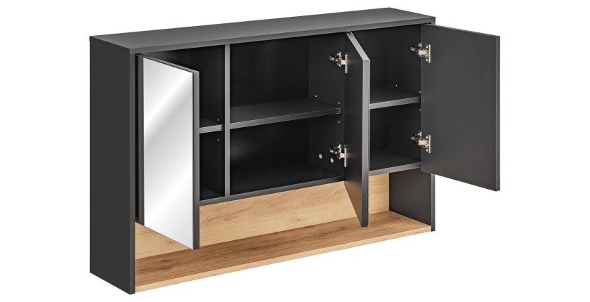 Meuble haut de salle de bain TALOKA – 3 portes miroir – Gris anthracite et chêne clair – L120 cm – Suspendu 
