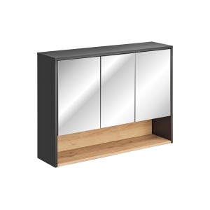 Meuble haut de salle de bain TALOKA – 3 portes miroir – Gris anthracite et chêne clair – L100 cm – Suspendu 