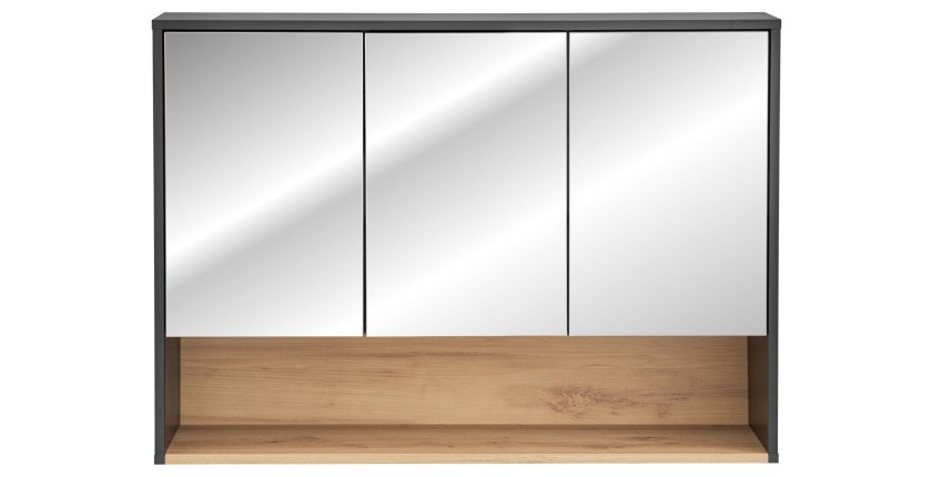 Meuble haut de salle de bain TALOKA – 3 portes miroir – Gris anthracite et chêne clair – L100 cm – Suspendu 