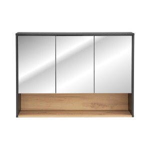 Meuble haut de salle de bain TALOKA – 3 portes miroir – Gris anthracite et chêne clair – L100 cm – Suspendu 