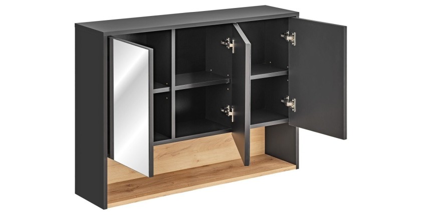 Meuble haut de salle de bain TALOKA – 3 portes miroir – Gris anthracite et chêne clair – L100 cm – Suspendu 