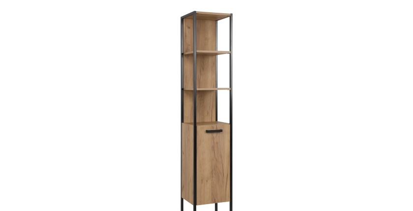 Colonne de salle de bain ONIL – 1 porte – Chêne clair et noir – 185 cm – À suspendre 
