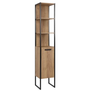 Colonne de salle de bain ONIL – 1 porte – Chêne clair et noir – 185 cm – À suspendre 