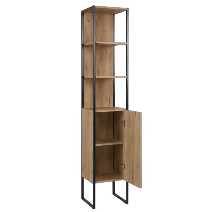 Colonne de salle de bain ONIL – 1 porte – Chêne clair et noir – 185 cm – À suspendre 
