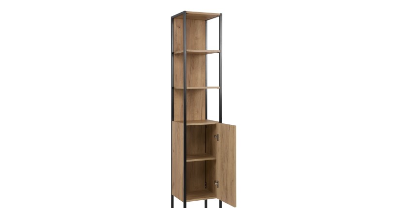 Colonne de salle de bain ONIL – 1 porte – Chêne clair et noir – 185 cm – À suspendre 