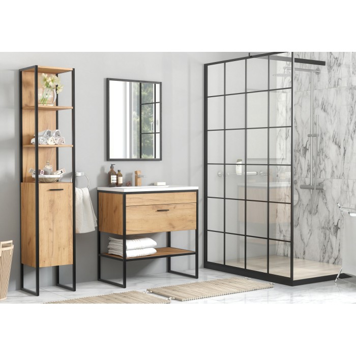 Colonne de salle de bain ONIL – 1 porte – Chêne clair et noir – 185 cm – À suspendre 