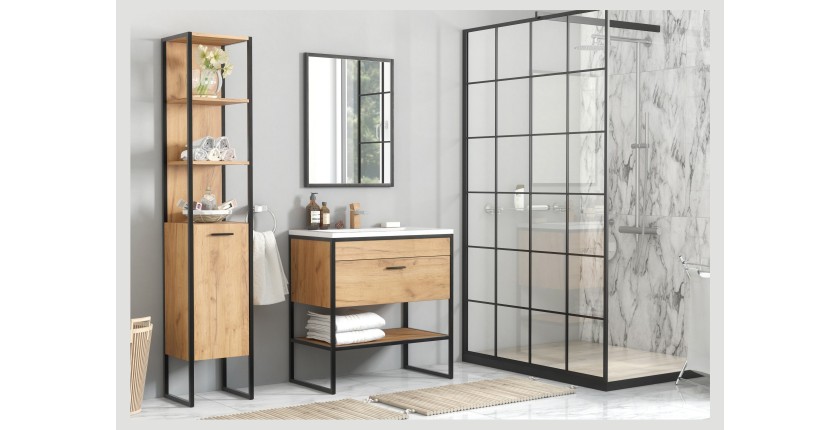 Meuble sous vasque ONIL – 2 portes – Chêne clair et noir – 80 cm – À suspendre 