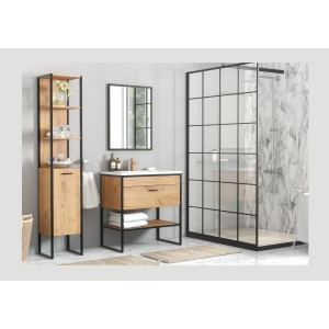 Meuble sous vasque ONIL – 2 portes – Chêne clair et noir – 80 cm – À suspendre 