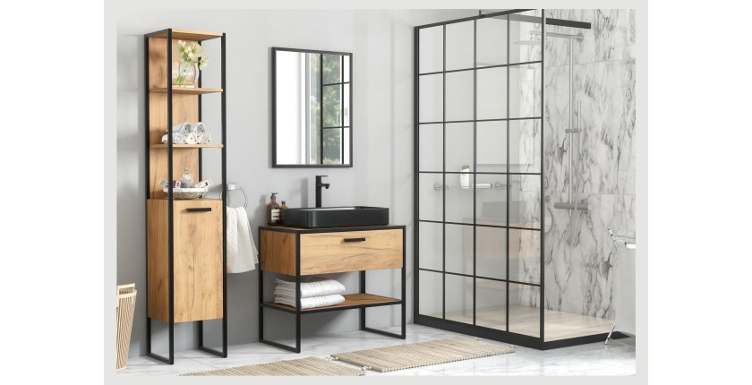 Meuble sous vasque ONIL – 2 portes – Chêne clair et noir – 90 cm – À suspendre 