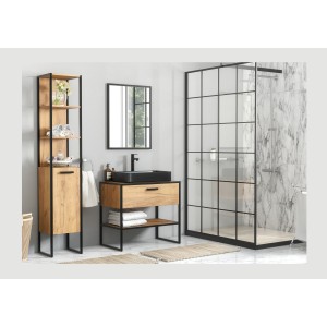 Meuble sous vasque ONIL – 2 portes – Chêne clair et noir – 90 cm – À suspendre 