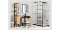 Meuble sous vasque ONIL – 2 portes – Chêne clair et noir – Style industriel – L70 cm 