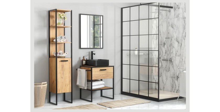 Meuble sous vasque ONIL – 2 portes – Chêne clair et noir – Style industriel – L70 cm 