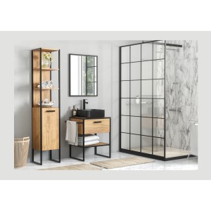 Meuble sous vasque ONIL – 2 portes – Chêne clair et noir – Style industriel – L70 cm 