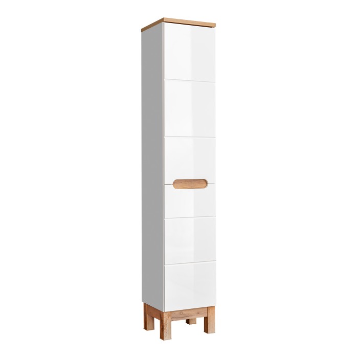 Spaltenschrank Badezimmer ERMANO – Helles Eichenholz und Hochglanzweiß – 35x187 cm – 1 Tür – Zum Aufstellen