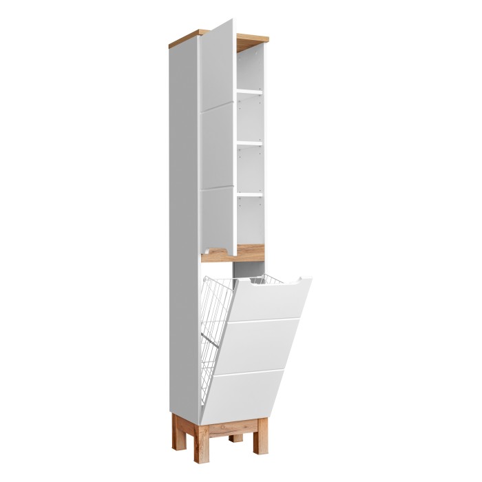 Spaltenschrank Badezimmer ERMANO – Helles Eichenholz und Hochglanzweiß – 35x187 cm – 1 Tür – Zum Aufstellen