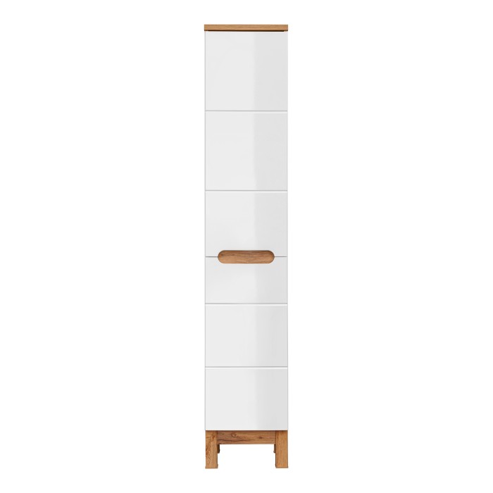 Spaltenschrank Badezimmer ERMANO – Helles Eichenholz und Hochglanzweiß – 35x187 cm – 1 Tür – Zum Aufstellen
