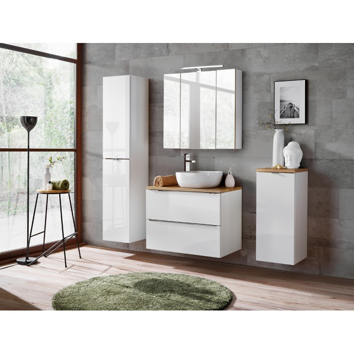 Kolom badkamermeubel NALYA 170 cm - Hoogglans wit en licht eiken - Hangend meubel