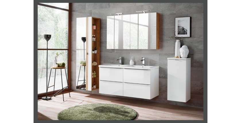 Colonne salle de bain NALYA 170 cm – Blanc brillant et chêne clair – Avec miroir