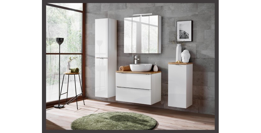 Meuble sous vasque NALYA 80 cm – Blanc brillant et chêne clair – Design suspendu moderne